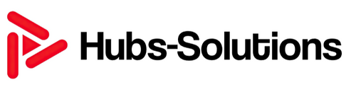 The logo of Hubs-Solutions featuring a red triangular icon resembling a play button, accompanied by the company name "Hubs-Solutions" in bold black text.